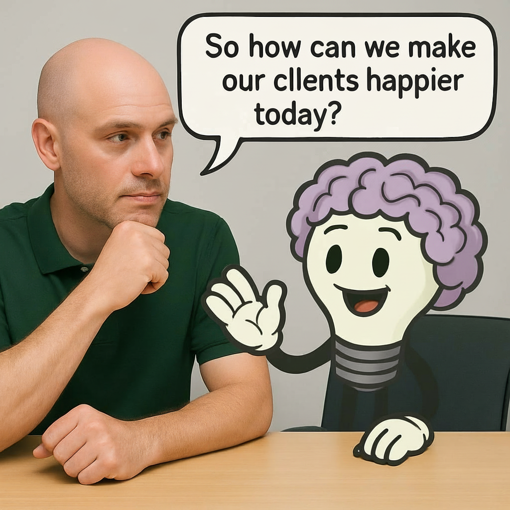 Dave and the Studios by Dave mascot asking how to make clients happier today
