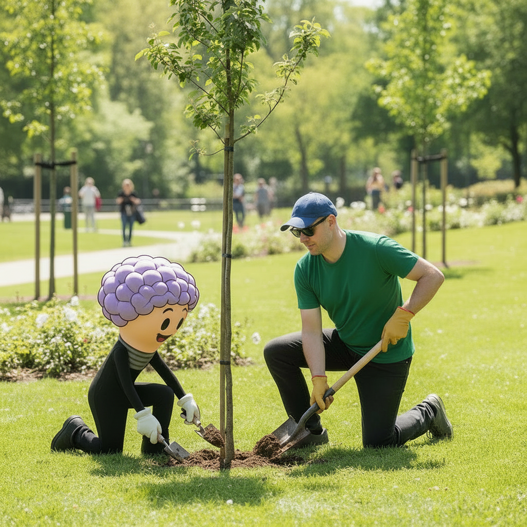 Dave and the Studios by Dave mascot planting a tree together