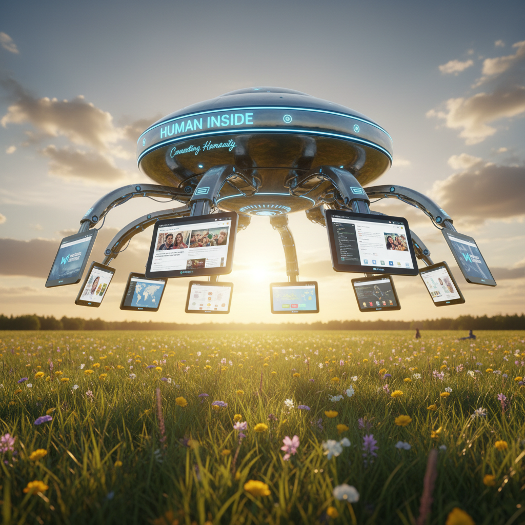 Human Inside - futuristic UFO-shaped device with robotic arms holding website screens hovering over a sunlit meadow, representing Studios by Dave connecting humanity through technology